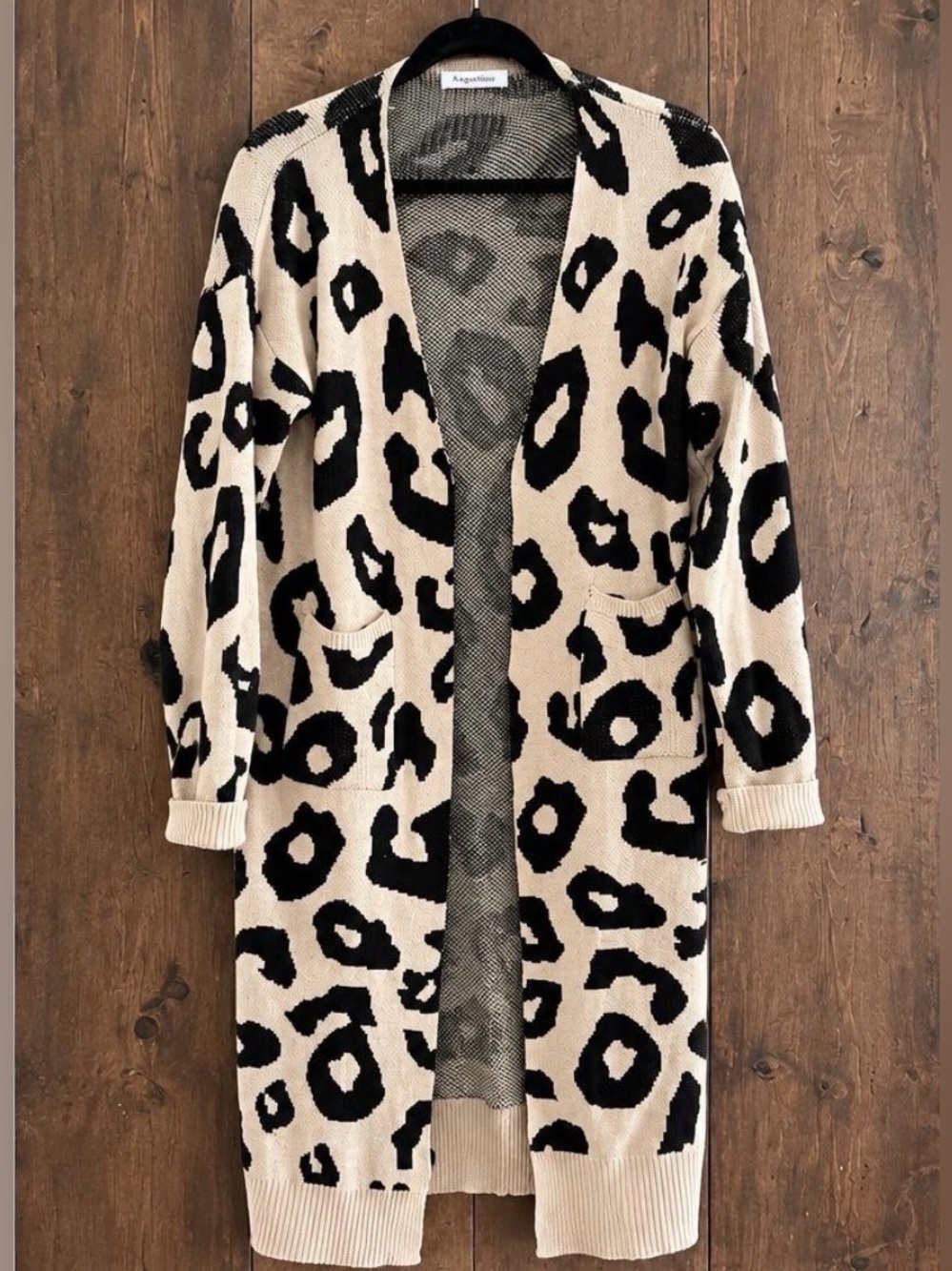 Leopard Print Open-Front Long Cardigan Sweater - Beige/Black